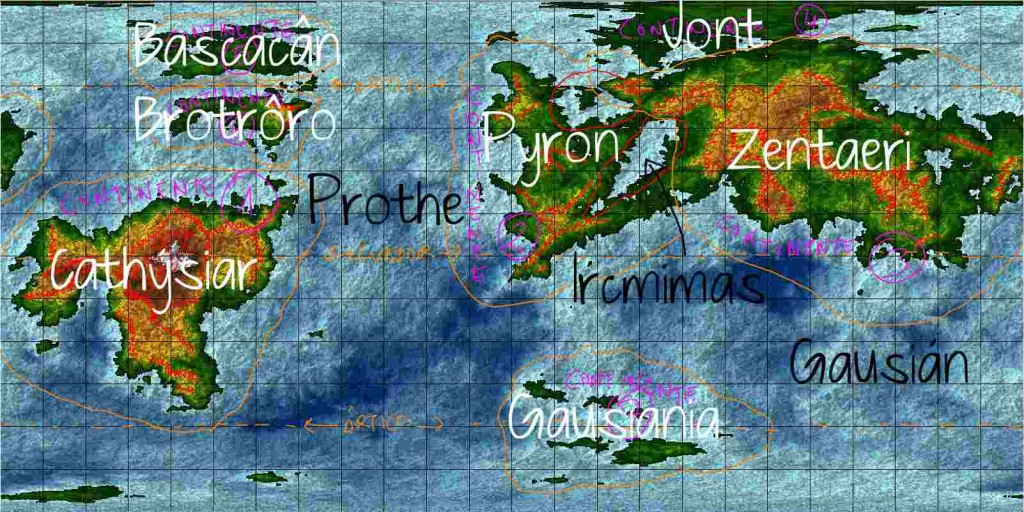 Borrador del mapa con los nombres de continentes y océanos